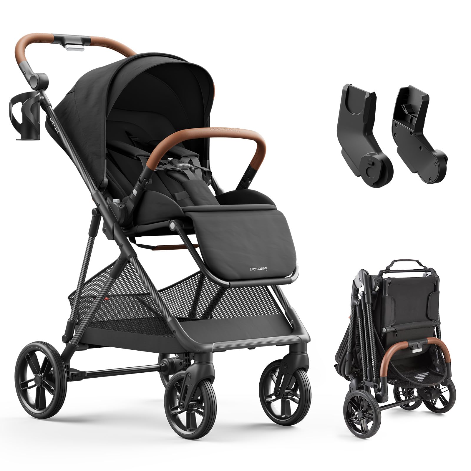 Cochecito de bebé MAMAZING Air Lux con marco de fibra de carbono, asiento reversible plegable con una mano, arnés magnético de 5 puntos, adaptador para asiento de auto, 15 8 libras, Meteorito
