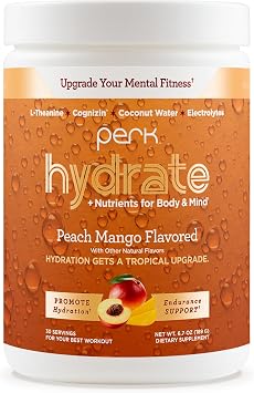Perk Hydrate Electrolyte Drink Mix Powder Peach Mango Flavored 30 Servings - Coconut Water, CDP-Choline, L-Theanine, Gluten-Free
