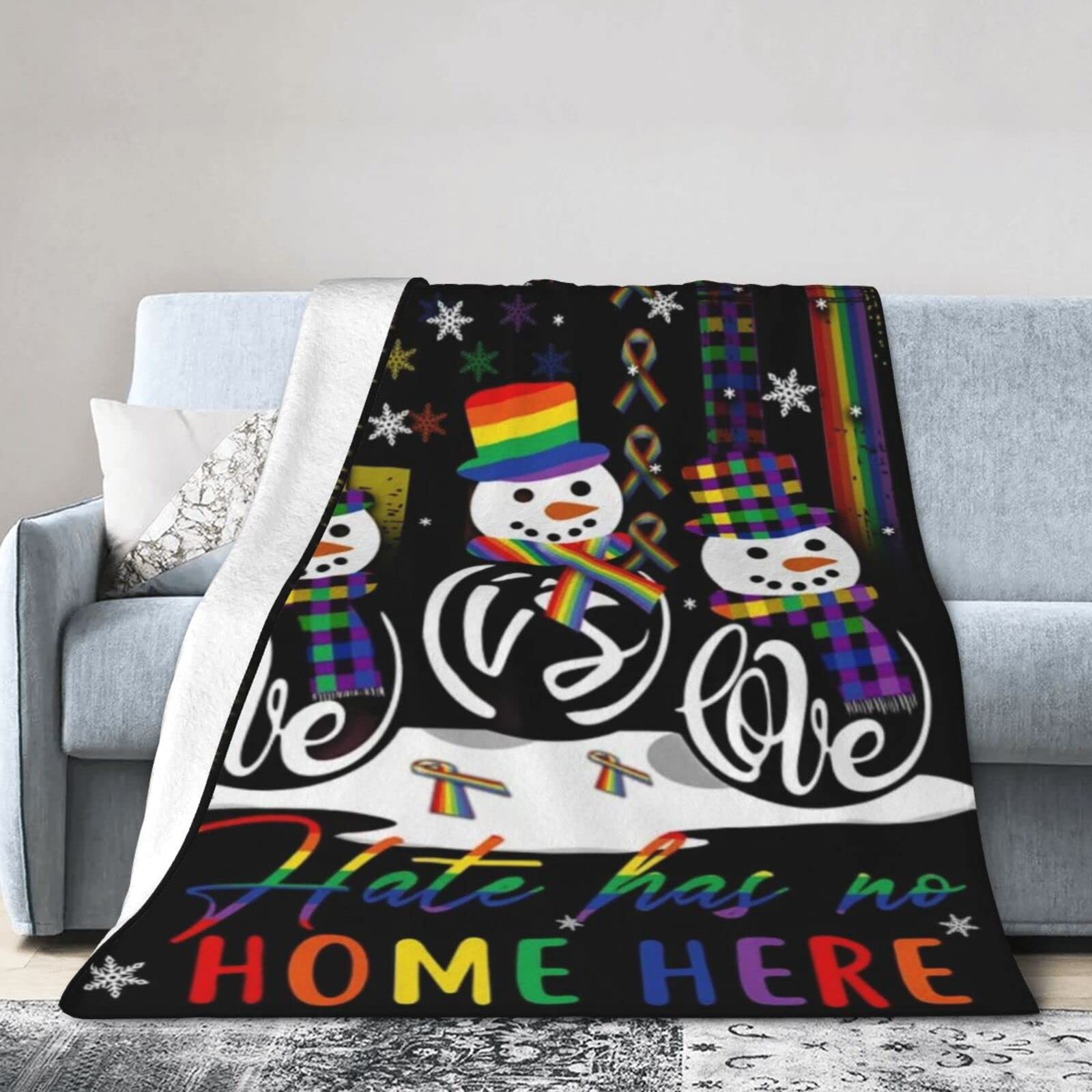 Lsjuee Christmas Flannel Fleece Blanket 40"X30" Love is Love, Hate Has No Home Here LGBT Snowman Bed Throw Blanket Weighted Ultra-Soft Travel Winter Blankets for Adult Keep Warm