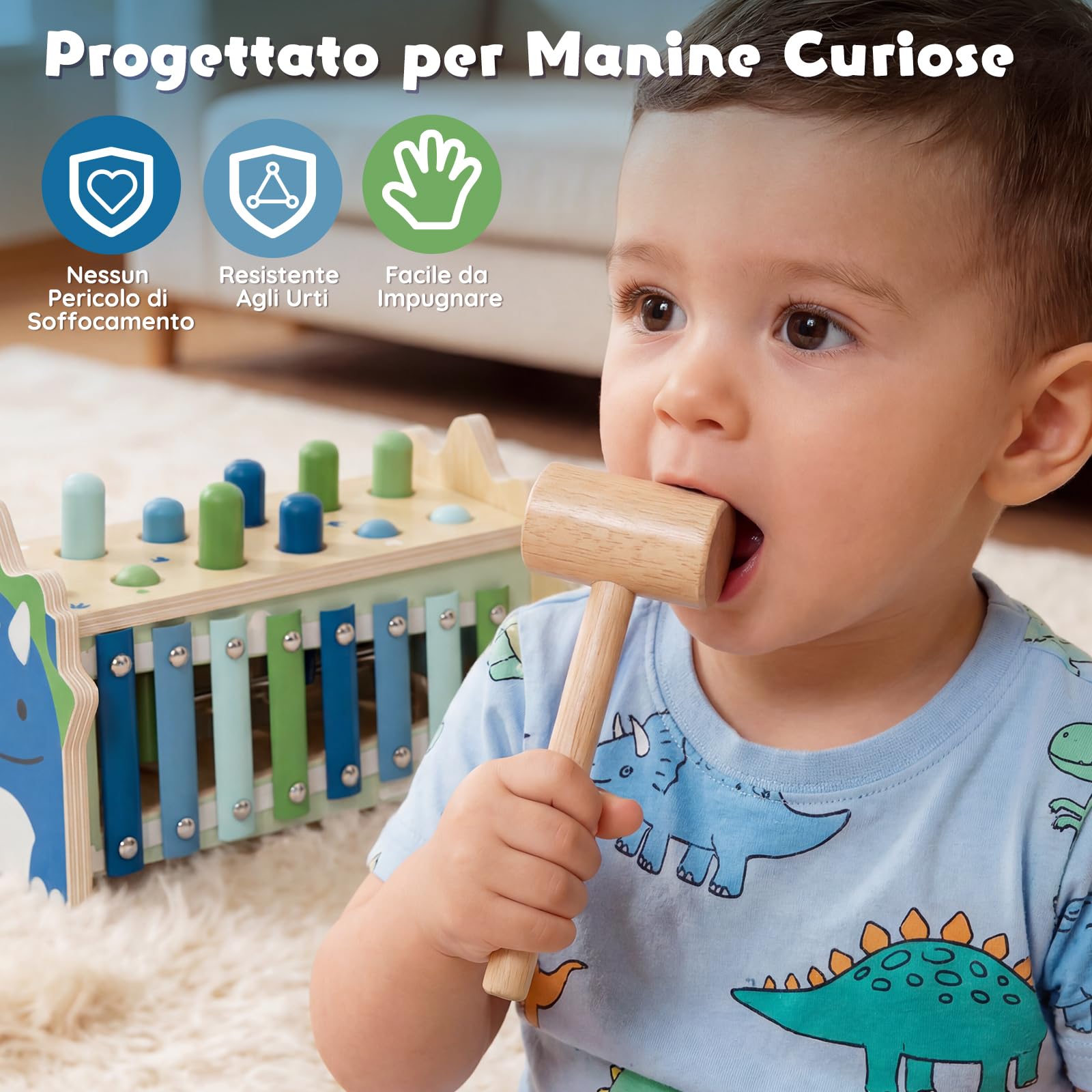 Lehoo Castle Giocattoli Montessori in Legno per 1 Anno - Giocattolo martellante con xilofono - Dinosauro