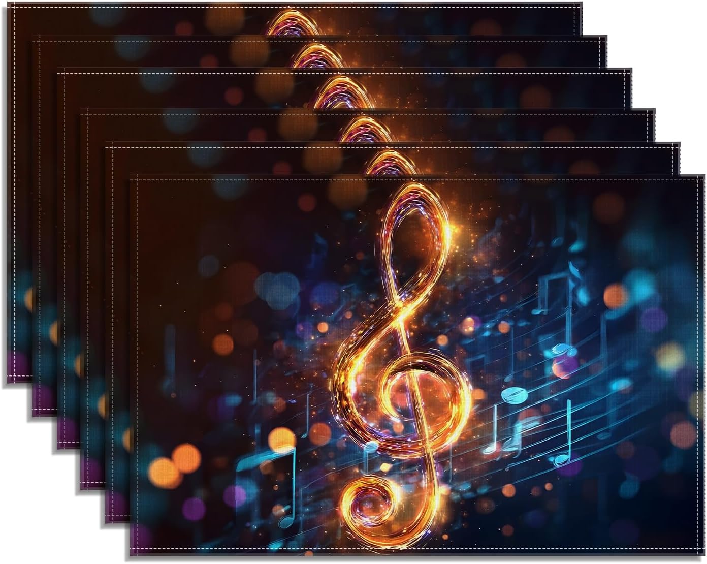 Music Note Placemats Set of 6, Colorful Linen Place Mats Washable Stain Resistant Table Mats for Music Lover Home Party Kitchen Dining, 12x18 Inch