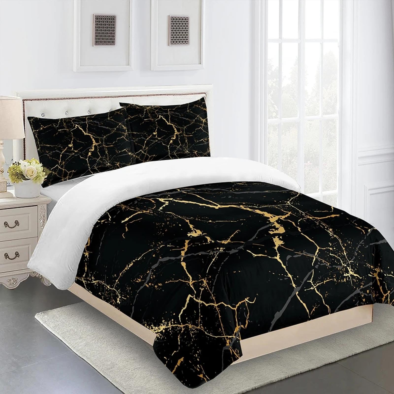 Parure de couette marbre noir or 220x220cm anti-plis pour renouveler sa décoration