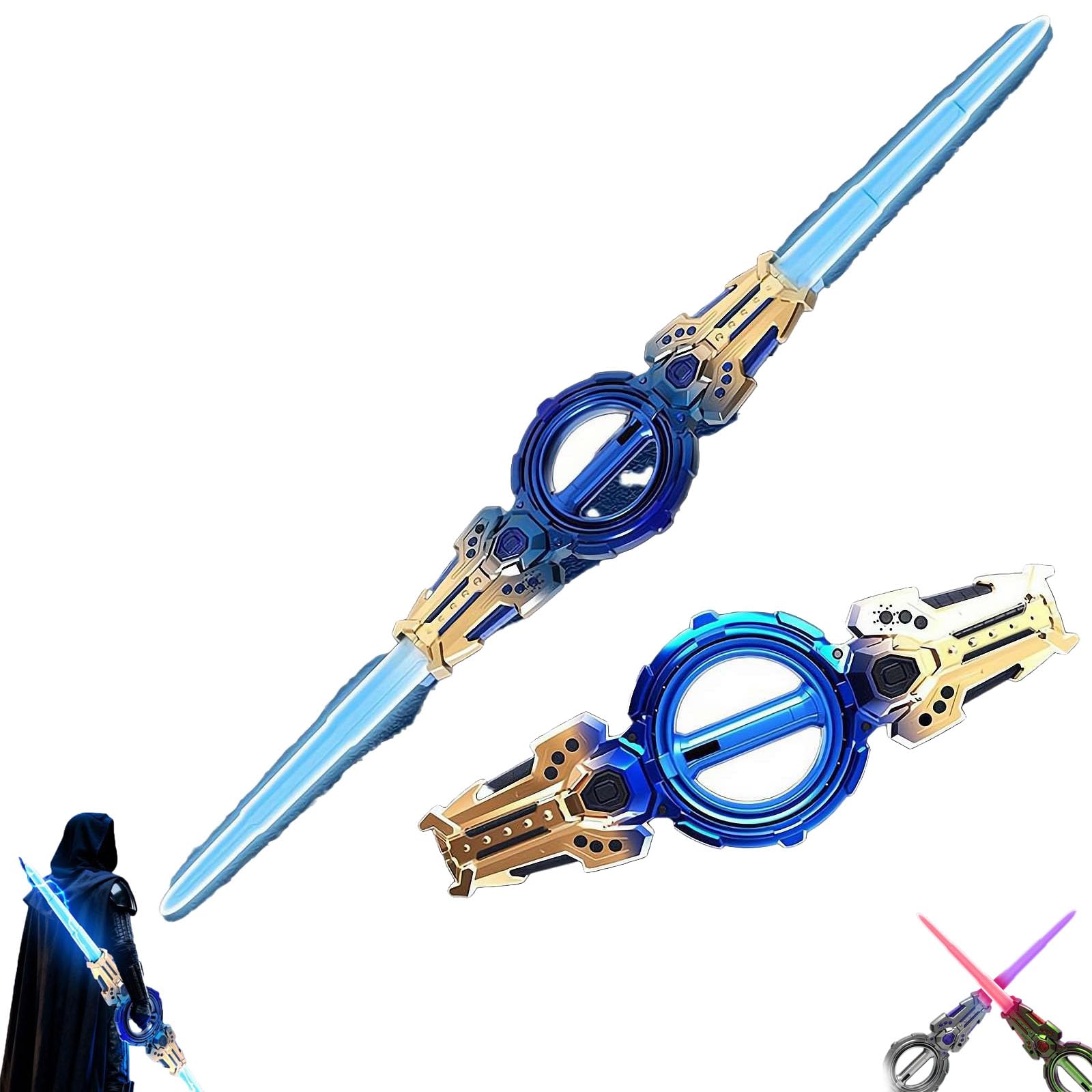 Generico Sciabola con Spada Illuminata, Spada Laser A Doppio Taglio con Spada Laser con Luci A LED, Telescopica A Doppia Testa for Le Feste(Blue Gold)