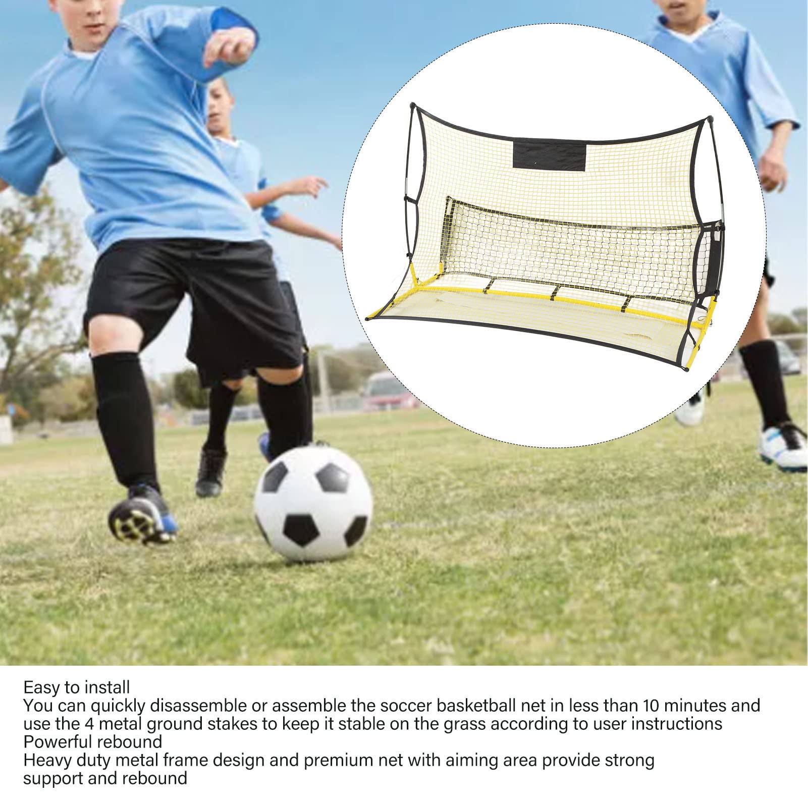 Rete da Rimbalzo da Calcio, Rete da Rimbalzo da Calcio con Design Staccabile Rete da Rimbalzo Portatile 2 in 1 a Doppia Faccia Gialla e Nera per Allenamenti di Calcio