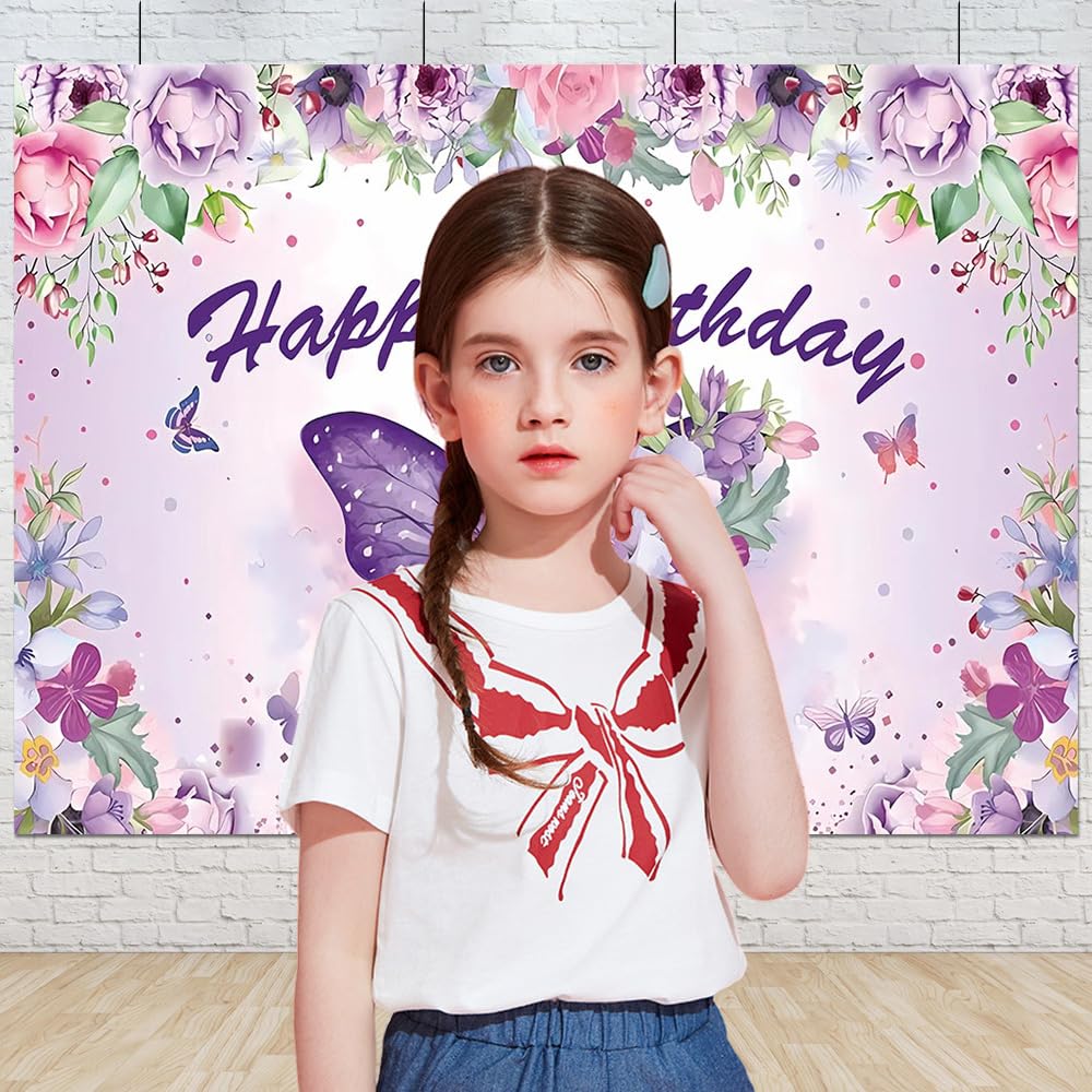 Fotohintergrund Babyparty Lila Blumen Mit Schmetterling – 2,1 X 1,5 M, Vinyl, Für Mädchen-Partys & Foto-Shootings