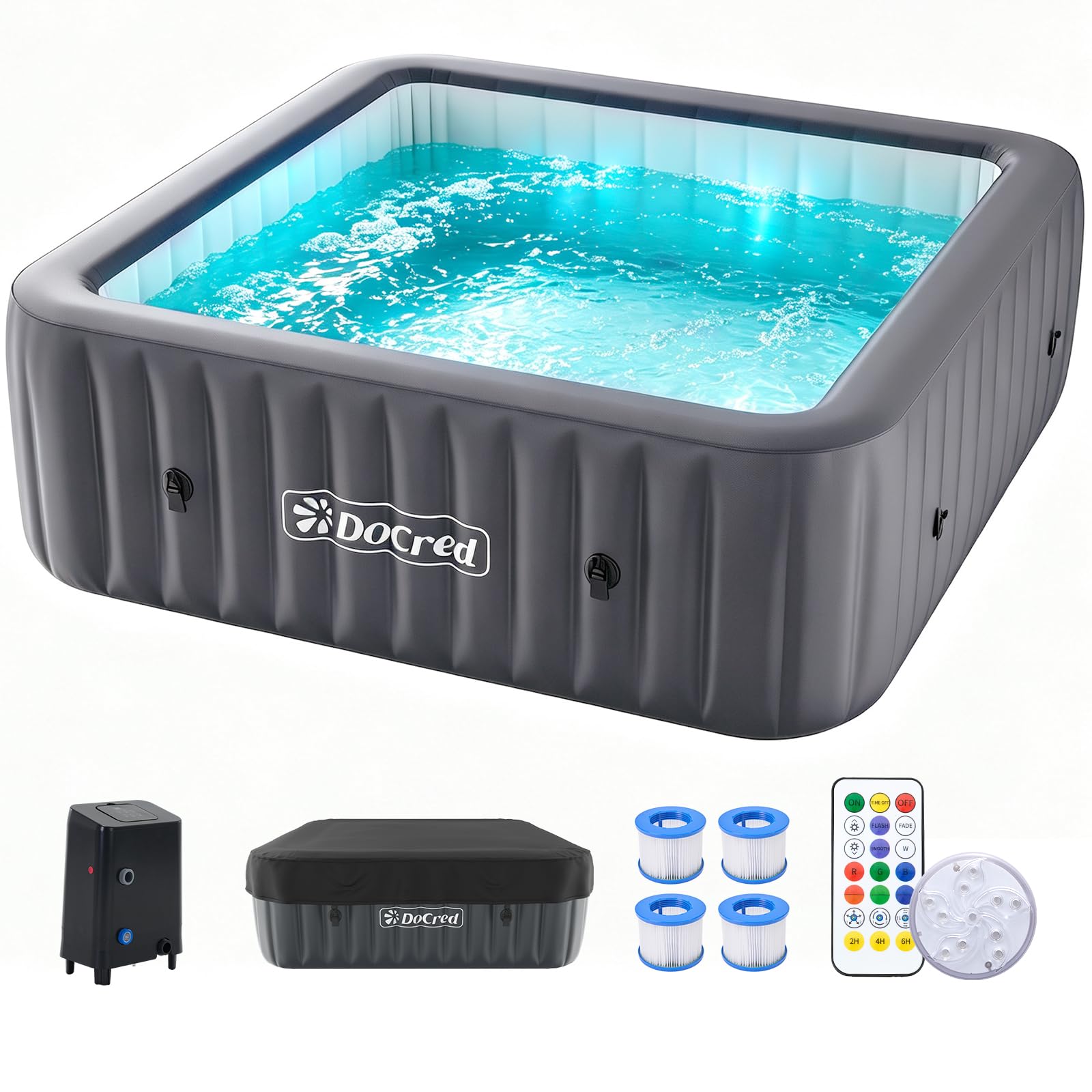 DoCred 4-6 Person Inflatable Hot Tub, 73" X 73" X 25" Square Portable Spa