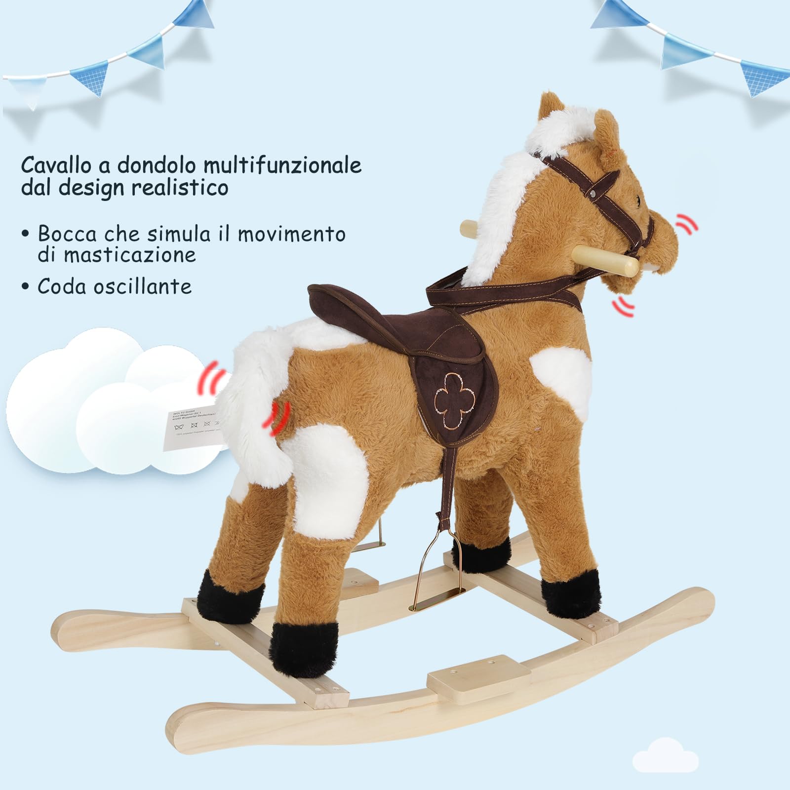 WOLTU Cavallo a Dondolo in Legno per Bambini, Cavalluccio Cavalcabile in Peluche con Suoni, Giocattolo Regalo per Bimbi 1/2/3 Anni, Marrone e Bianco