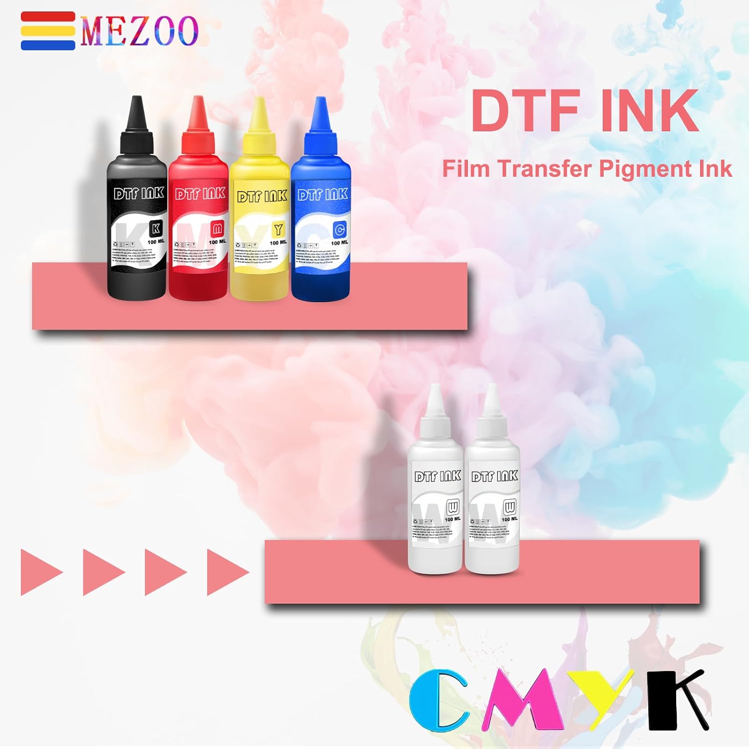 MEZOO DTF White Ink 100ml Premium DTF Ink for Film Heat Transfer Printing Compatible for DTF Printers with Printhead L1800 L805 XP15000 R1390 4720 I3200 XP600 DX7 DX5 5113(6 Pack, 2W+1B+1C+1M+1Y)