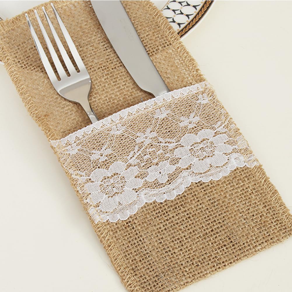 VASANA 10Pcs 11x21cm/4.3x8.27inch Burlap Utensil Tableware Holders with Lace Flower Silverware Holder Knifes Forks Bags Napkin Pouch Table Setting Decoration for Wedding Party - Image 4