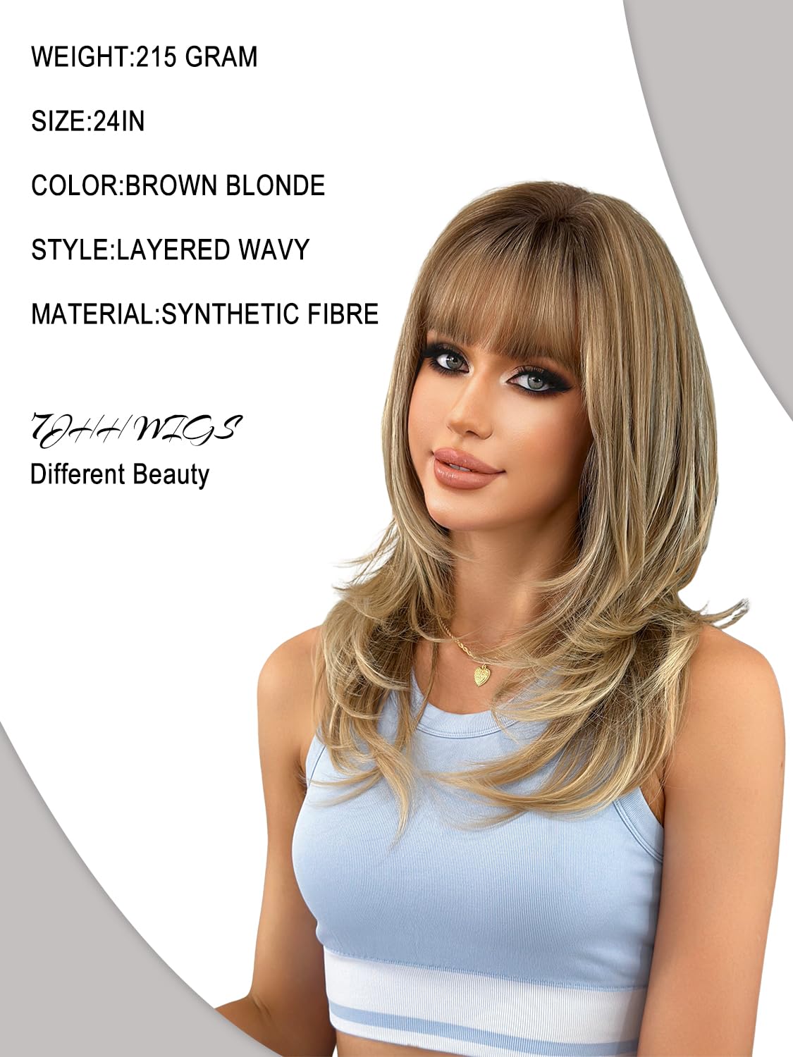 7JHH WIGS 24 Inch Blonde Brown Layered Tail Bangs Wig with Dark Roots Blonde Highlight Medium Length Wig Synthetic Heat Resistant Fiber Wig for Women Fashion Edgy Daily Party Cosplay