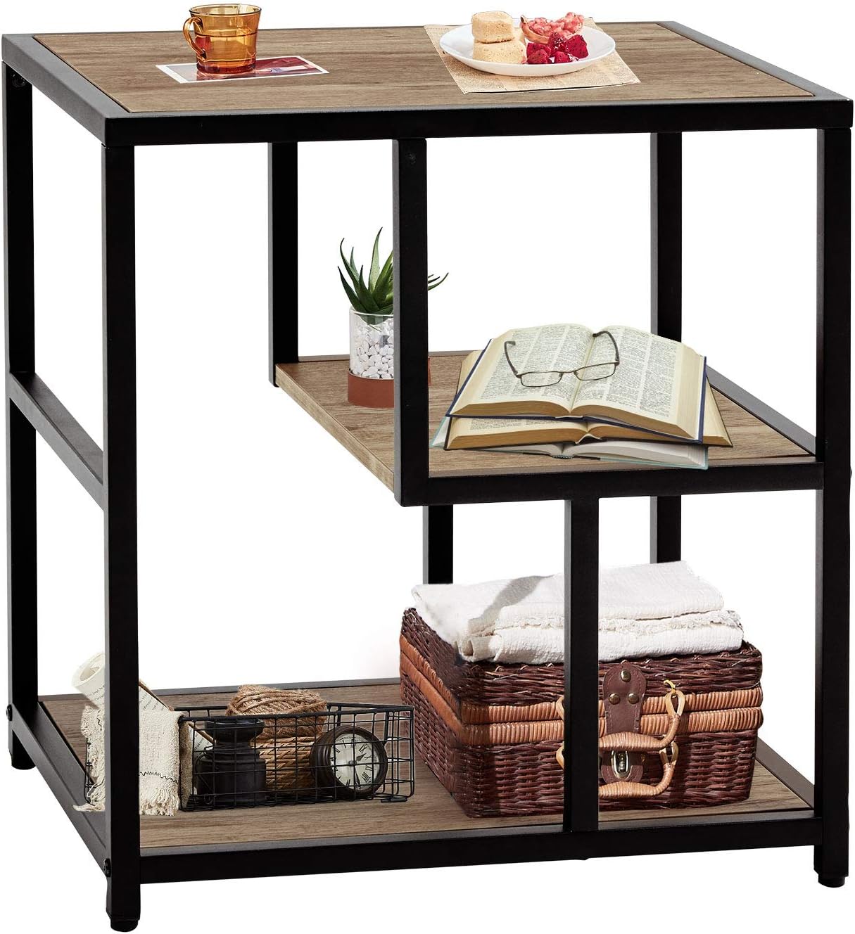 Linsy Home Industrial Side Table, 3-Tier End Table with Storage Shelf, Wood Look with Metal Frame, LS209J1-A: Kitchen & Dining