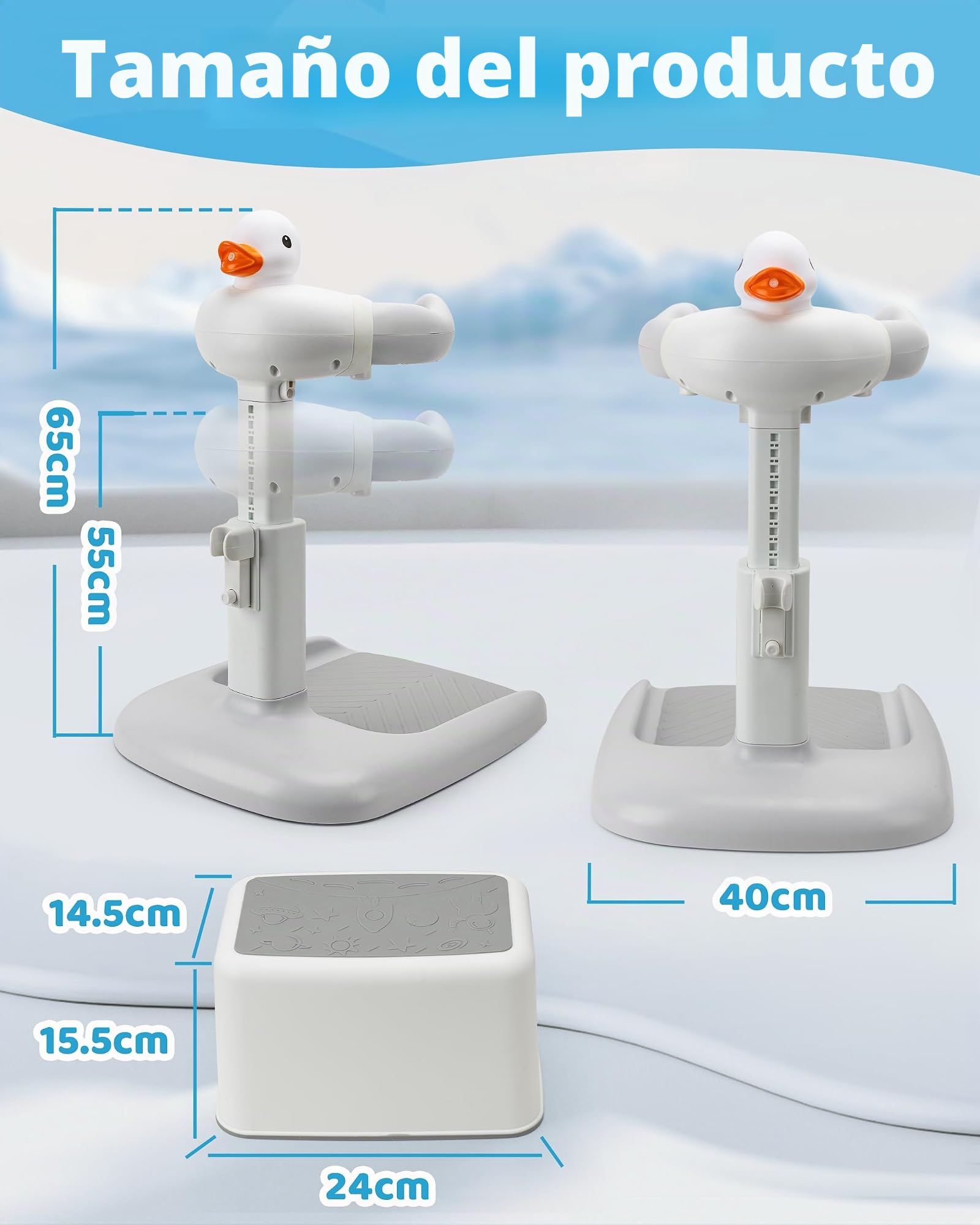 Altura ajustable para la bañera de bebé con asiento: ducha de pie con asiento para niños a partir de 6 meses – Base antideslizante y diseño de pato ayuda a la ducha infantil