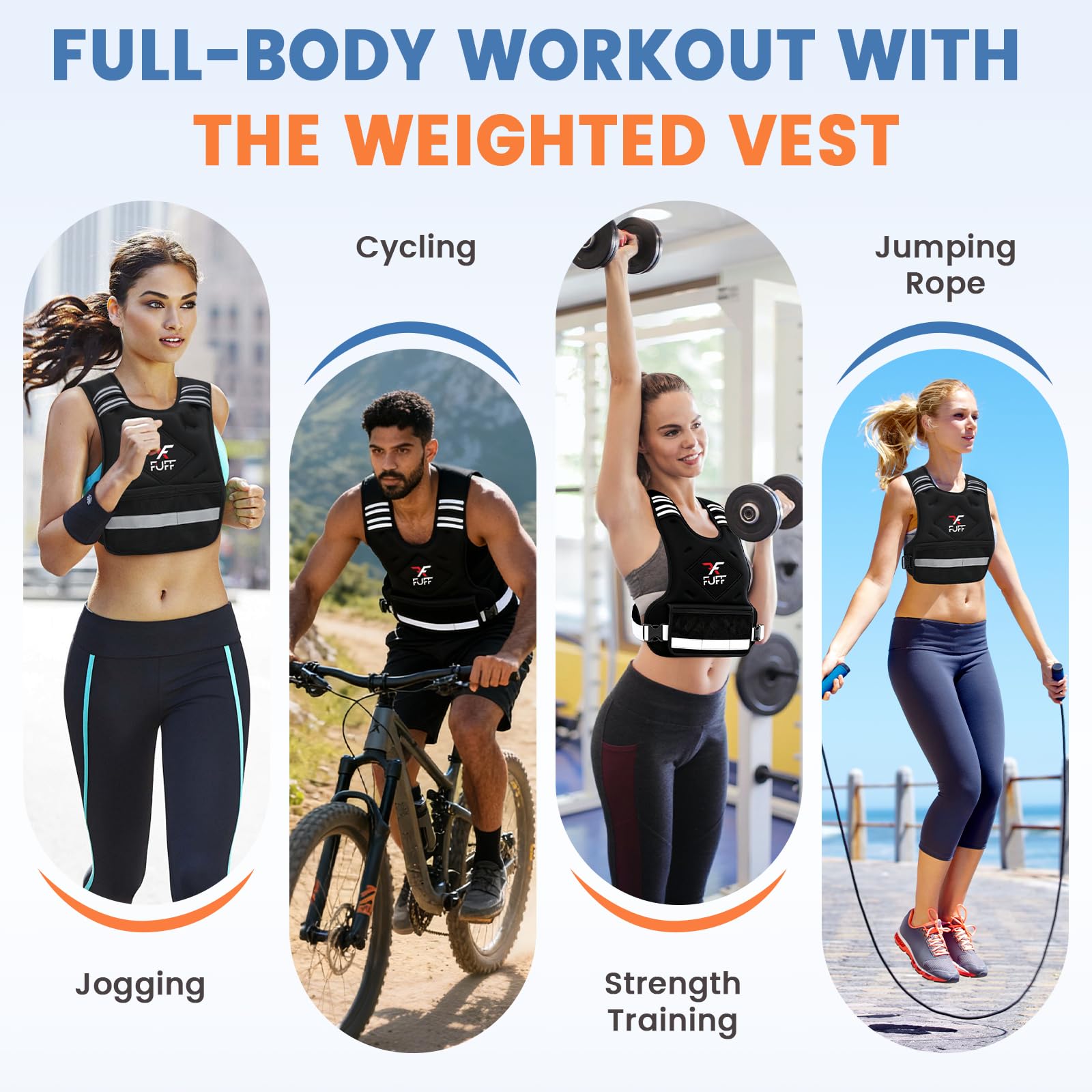 FUFF Chaleco con peso ajustable para adultos, 4-10 libras, 12-20 libras, chaleco con 6 pesos de arena de hierro para entrenamiento de fuerza, chaleco de peso grande con tira reflectante para hombres y