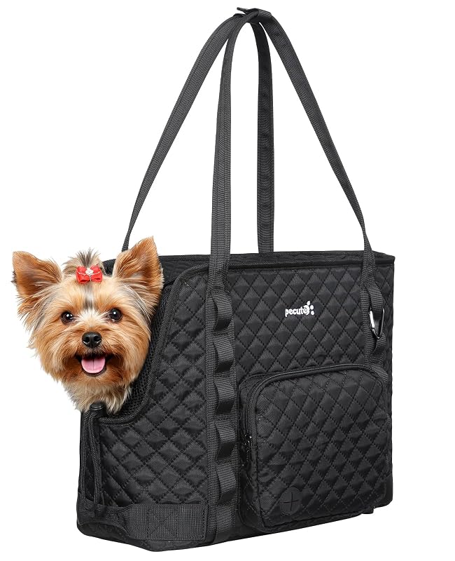 Bolsa de transporte para cães pequenos Pecute com bolsos, nylon e mosquetão, preta, 1 unidade
