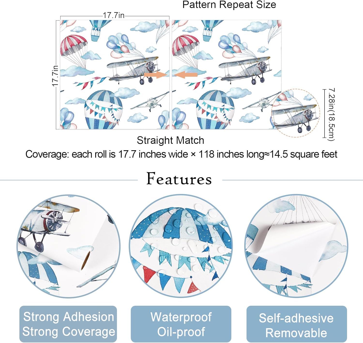 VaryStyle 17.7"x118" Bright Sky Wallpaper Kids Peel and Stick Wallpaper for Boys Room Blue/White Airplane/Balloon/Cloud Wallpaper Self Adhesive Removable Kids Contact Paper for Cabinets Walls Nursery