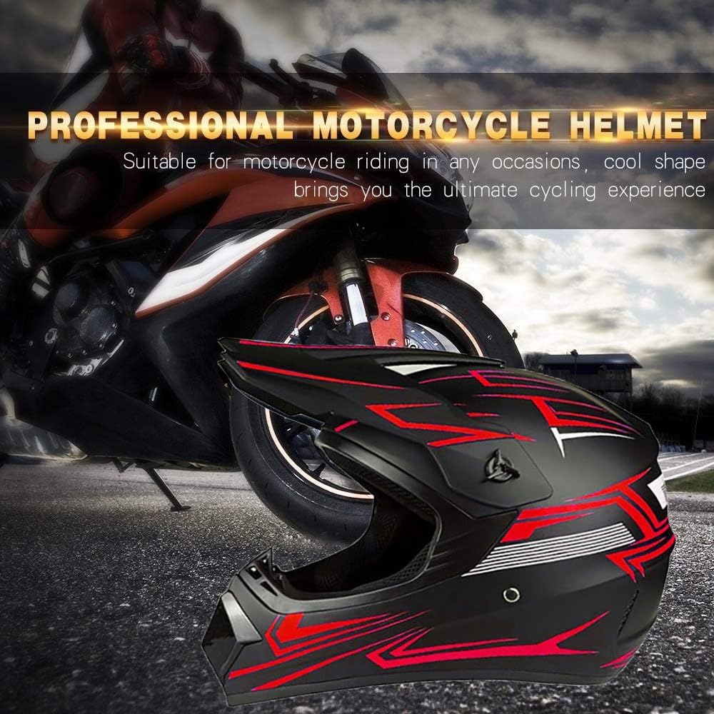 Ragazzi Bambini Moda MTB Casco da Motocross, Integrale Fuoristrada Strada Moto ATV Scooter Caschi, Discesa Enduro BMX Quad Dirt Bike Incidente Casco, con Occhiali Guanti Maschera