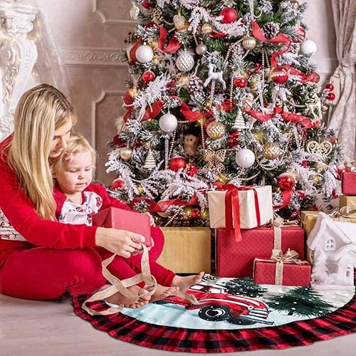 Miniatura 3 de ORTIGIA Falda de árbol de Navidad de 48 pulgadas, diseño de búfalo rojo y negro, falda de árbol de Navidad, borde con volantes, para granja,