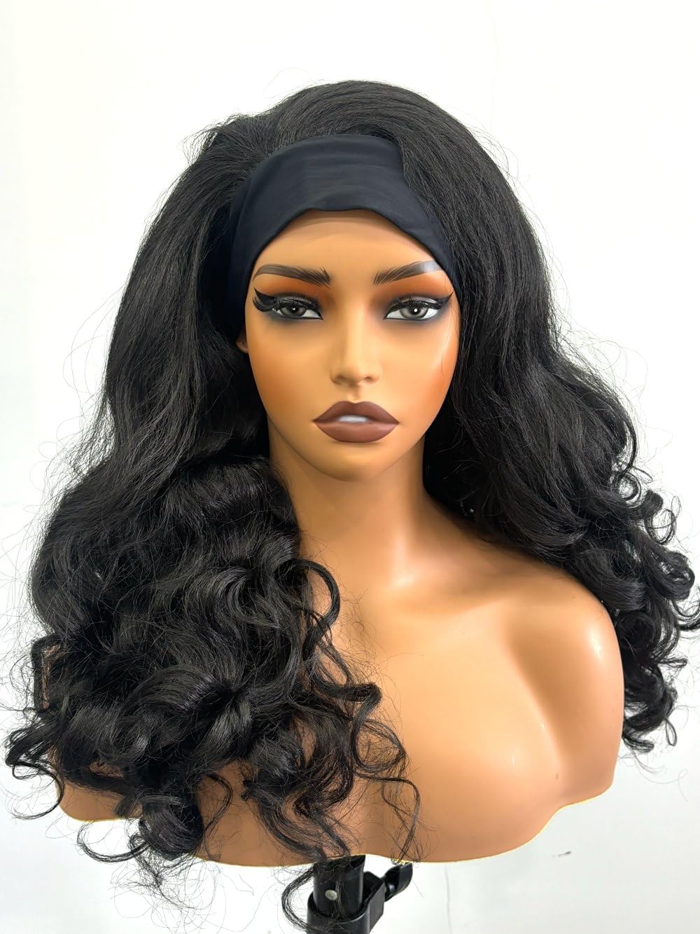 YAKI Body Wave Headband Wig Loose Curly Heabdand Wigs Glueless Synthetic Hair Natural Black Wigs for Black Women None Lace Front Wigs Headband Wigs 150% Density