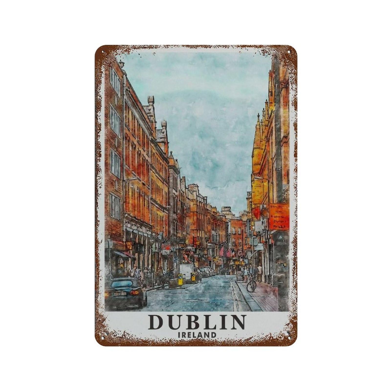 Travel Poster Dublin Ireland Street Oil Painting Vintage Tin Sign，Home Office Kitchen Pub Club Cafe Bar Farm Restaurant Collection Metal Wall Art Retro Plaque(15x30cm）6x12 inch-462
