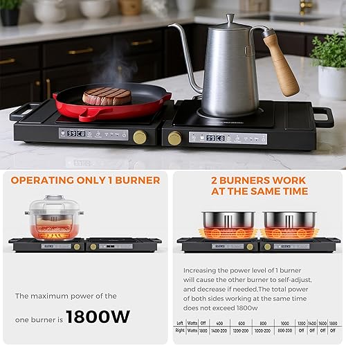 Miniatura 4 de Cocina de doble inducción, encimera de doble inducción de 1800 W con 8 ajustes de potencia, cocina doble con control táctil de sensor, temporizador