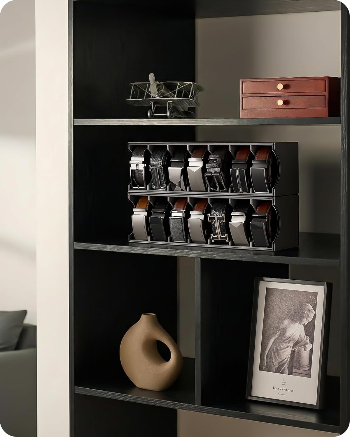 Lolalet 7 Compartments Belt Organizer, PU Leather Belt Storage with Soft Lining, Extra-Wide Slots for Men and Women, Fits Drawer, Closet & Entryway Cabinet -2 Packs, Black