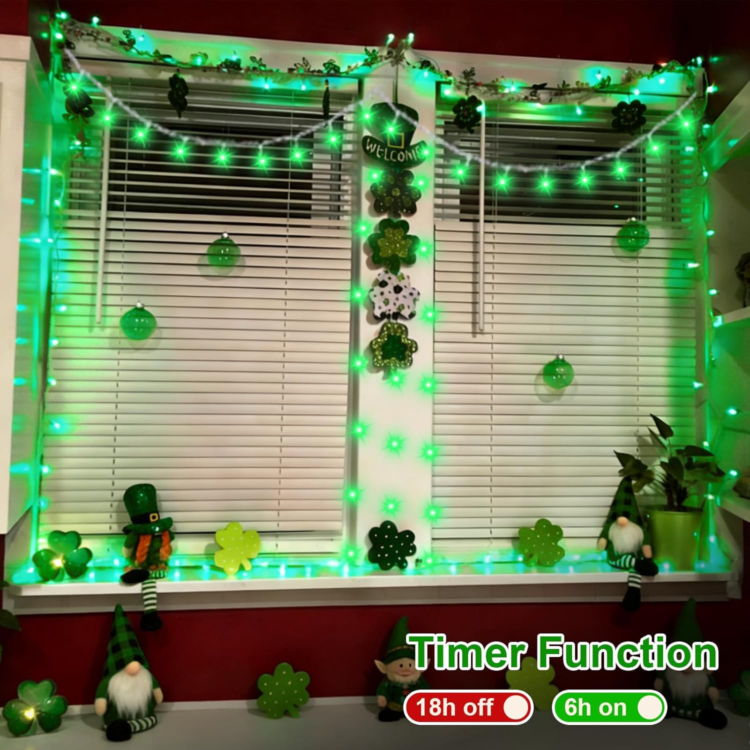 QITONG 2 Pack St. Patricks String Lights Battery Operated, Each 33ft 100 LED Green Christmas Lights Outdoor Waterproof, 8 Modes Clear Wire Twinkle Fairy Lights Indoor with Remote - Image 7