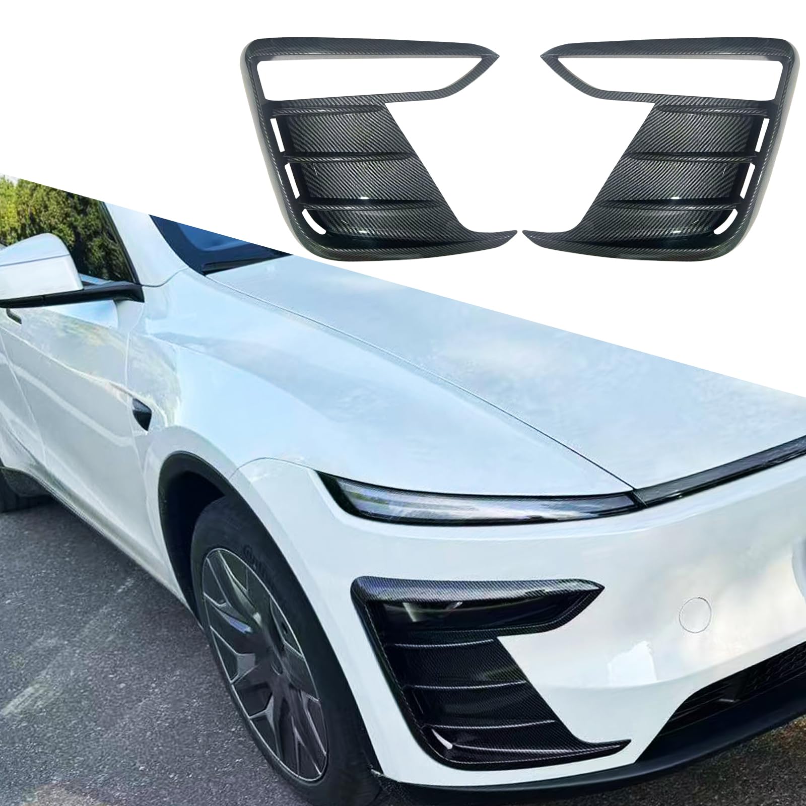 yhcdsea for 2025 2026 tesla model y juniper front fog light cover trim eyebrow frame decorative accessories (juniper-glossy carbon fiber pattern)