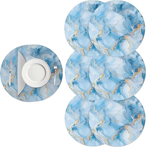 Miniatura 58 de Juego de 6 manteles individuales redondos resistentes al calor de mármol dorado de 15 pulgadas para decoración de mesa de comedor resistente al