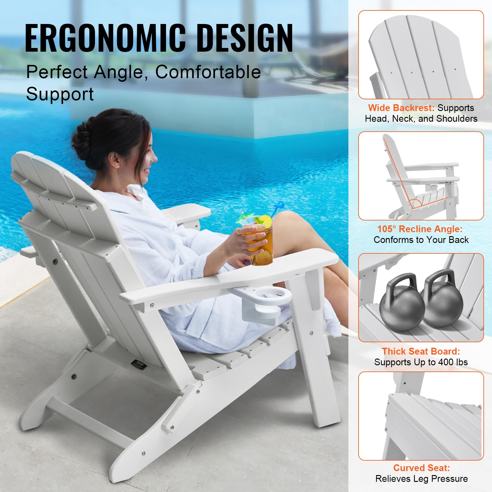 VEVOR 2 Juegos de Sillas Adirondack de Plástico Plegables y Portátiles de 800 x 755 x 915 mm para Exteriores, con Portavasos, Reposabrazos Relajante y Ergonómico para Jardín, Patio Trasero, Blanco