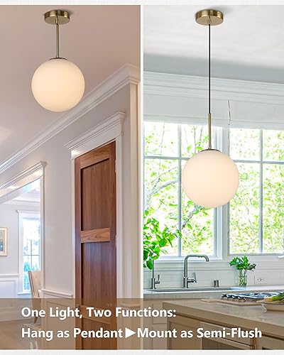 Miniatura 7 de 10" Globe Milk Glass Pendant Light, Mid Century Vintage Hanging Light Fixture for Dining Room, Bedroom, Kitchen Island Lighting, Brushed Brass Gold