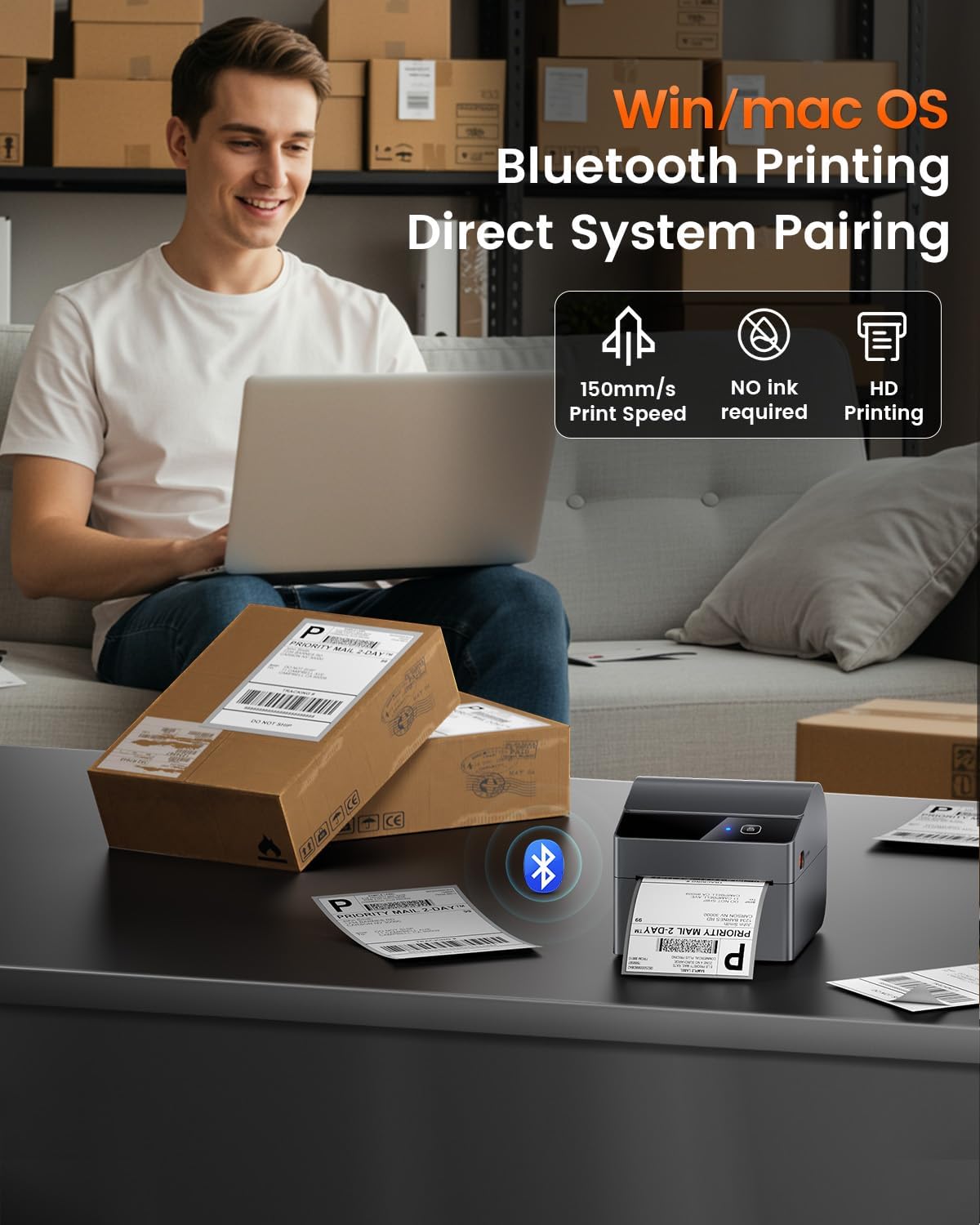 Avvicinamento view of a thermal label roll being loaded into the ASprink A64M printer, showing the paper path and adjustable guides.