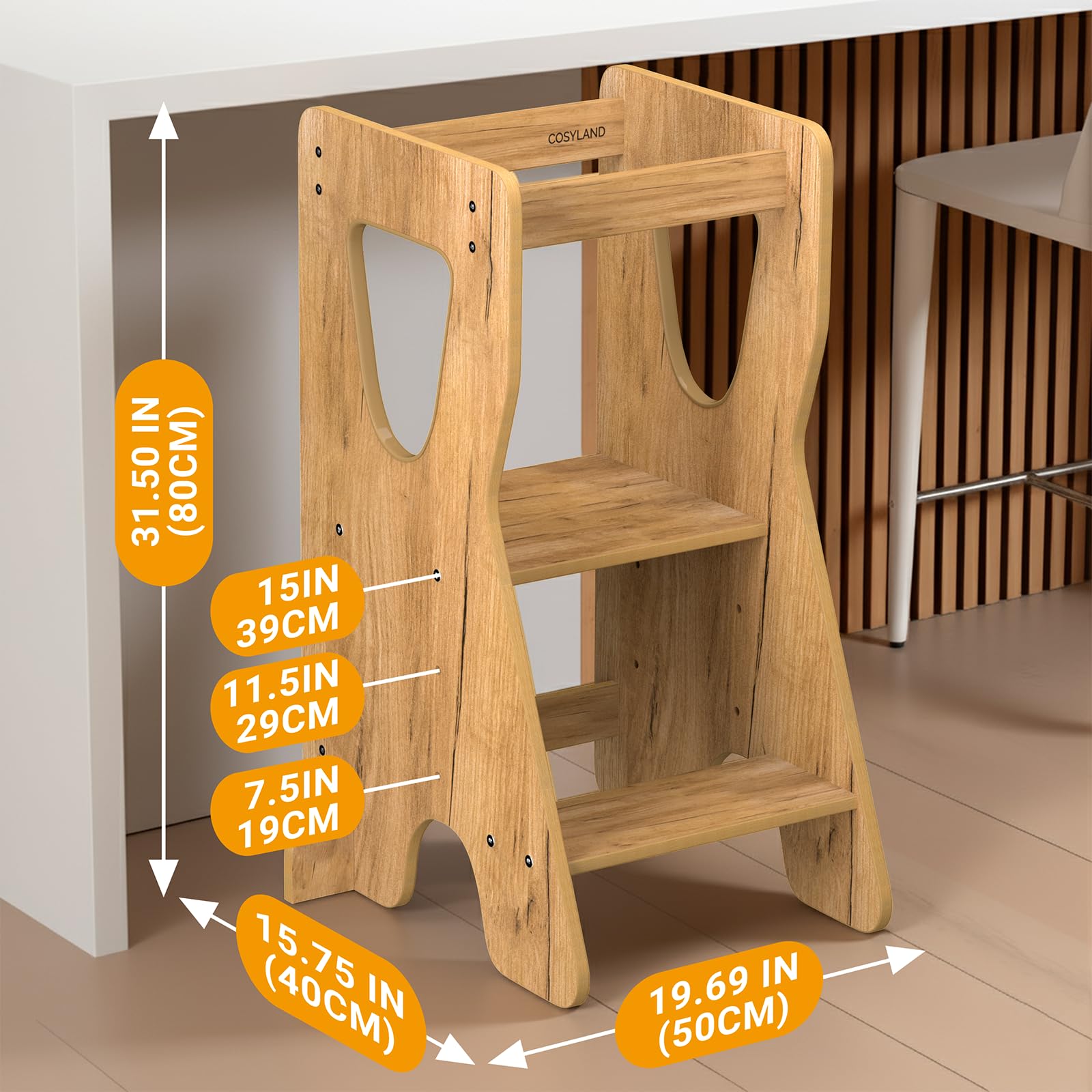 COSYLAND Tour d'Observation Montessori Réglable en Hauteur pour Enfants 18 Mois-6 Ans, Chaise d'Apprentissage en Bois Sécurisée, Design Stable Moderne