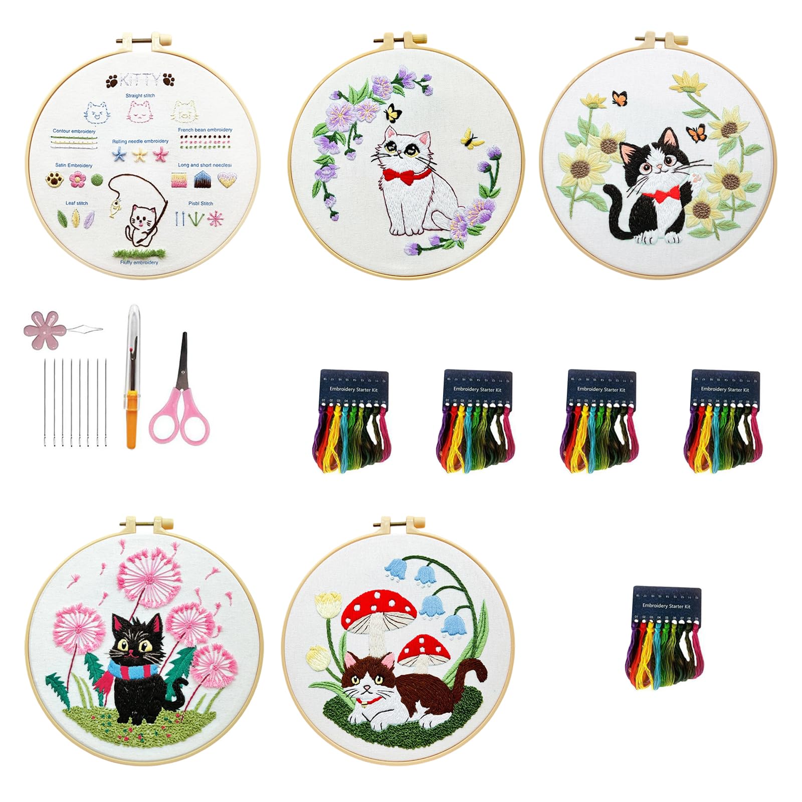 Shurhome Complete Embroidery Set with Cats Designs and Tool on Sturdy Canvas Ideal for Crafting Fun Embroidery Supplies