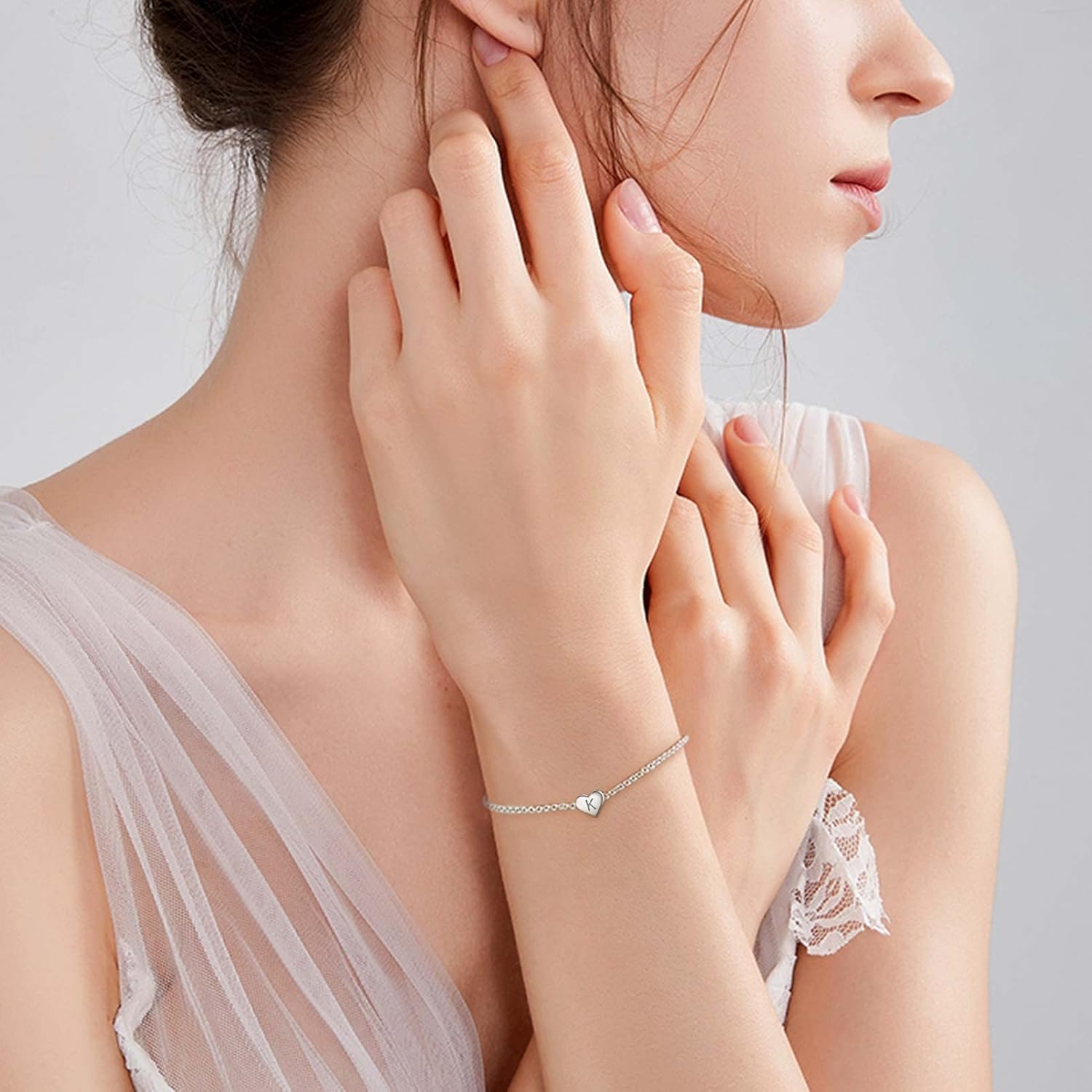 Miniatura 3 de Sterling Silver Initial Bracelets Heart A-Z Letter Bracelets 18K White Gold Plated Women Hand Link Charm Dainty Bracelet Jewelry Women Teen Couples