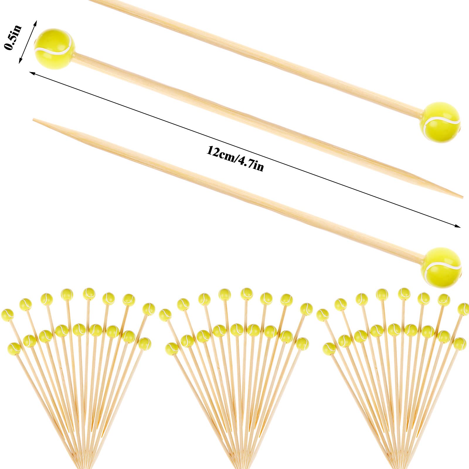 100 pieces bamboo cocktail picks 4.7 inch fruit toothpicks sports ball end cocktail skewers wooden decorative cocktail picks for appertizes, fruit, food, sport party favors (Tennis)