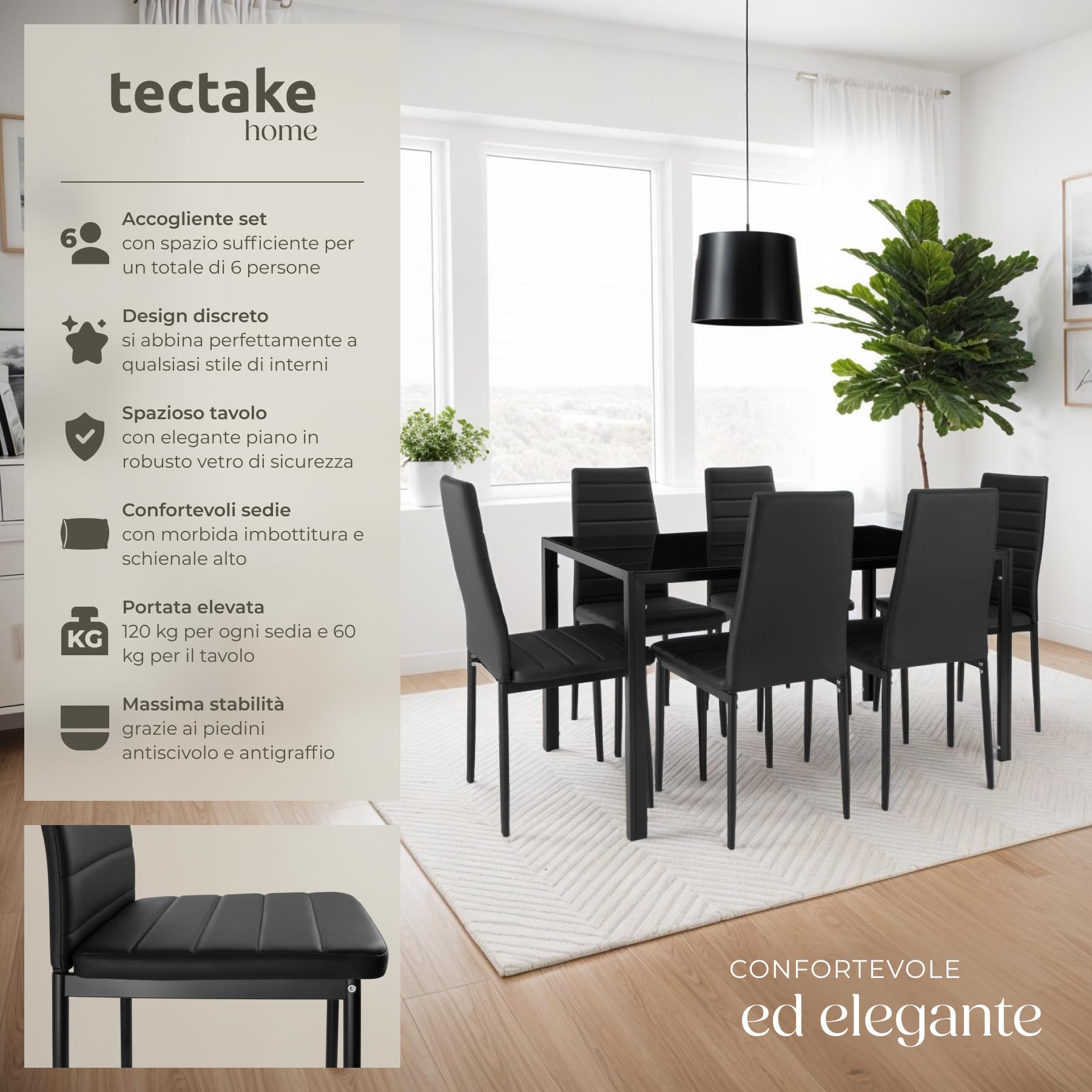 tectake® Set di Mobili per Sala da Pranzo, 6 Sedie in Similpelle Resistente, Tavolo con Piano in Vetro, Design Moderno, Piedini SalvaPavimento, Ideale per Cucina e Soggiorno - Nero/Nero