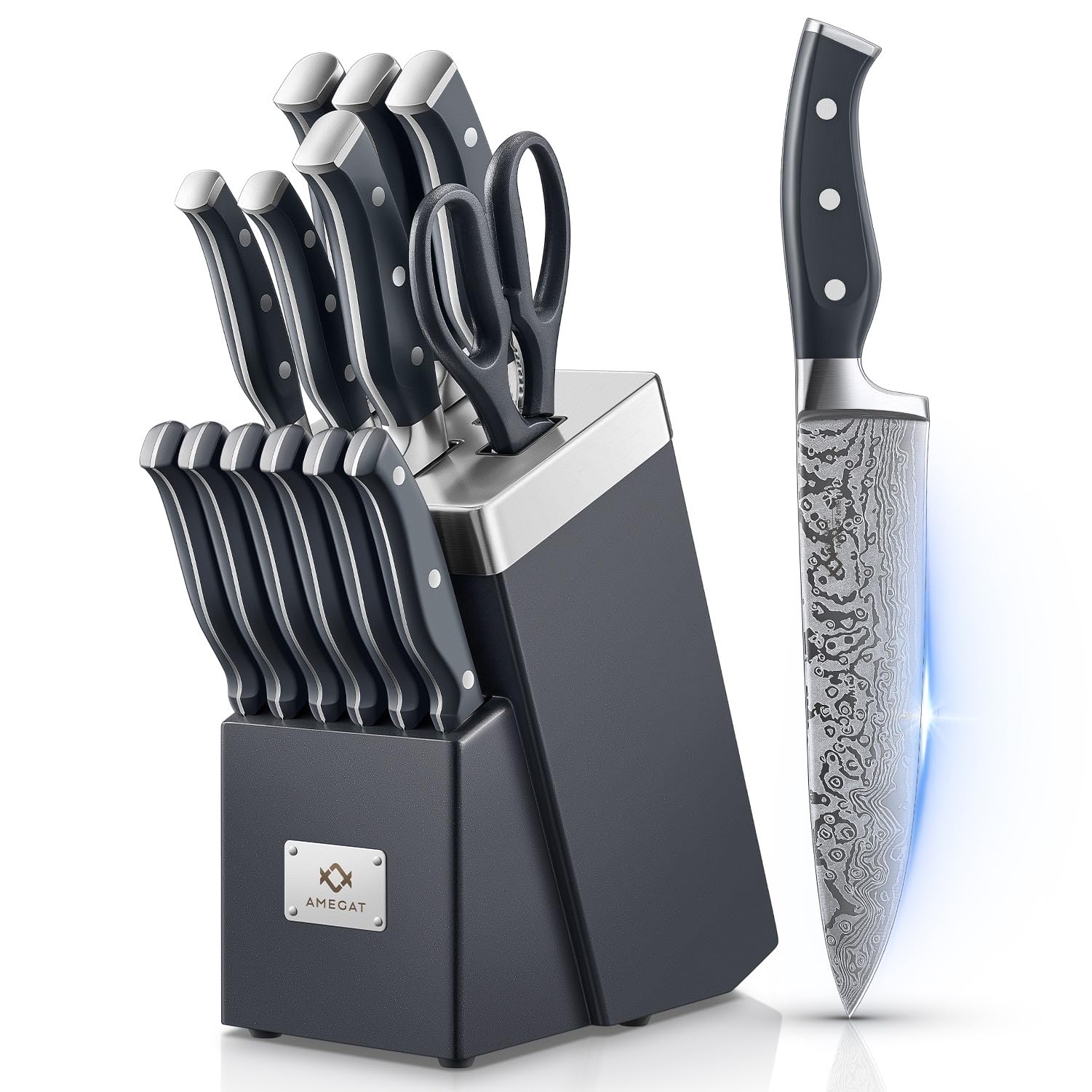 AMEGAT Knife Set, 14-Piece Waved Texture, Stainless Steel, Razor-Sharp, Full Tang Handle, Self-Sharpening Storage Block, Gray