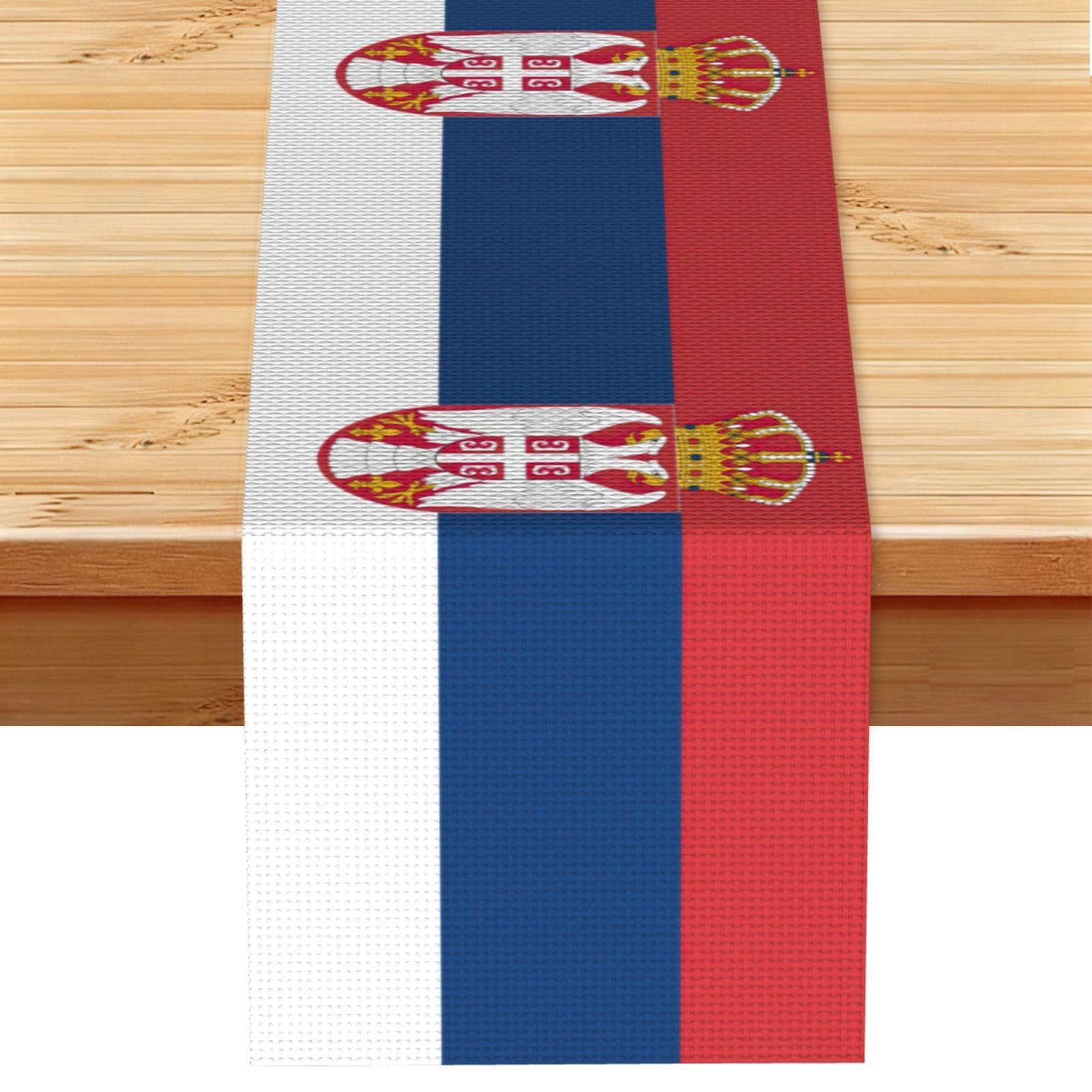 Flag of Serbia Printed Table Runner 13 x 72, Wrinkle Resistant Decor for Dining Table Coffee Table Fireplace