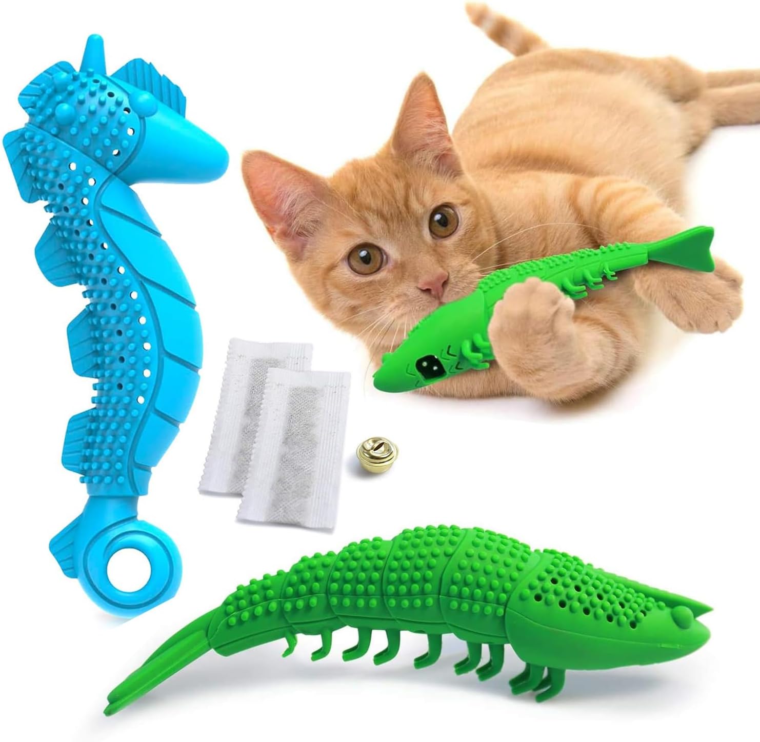 Seahorse and Shrimp Cat Shaped Catnip Toy - Durable Hard Rubber - Cat Dental Care, Cat Interactive Toothbrush Chew Toy