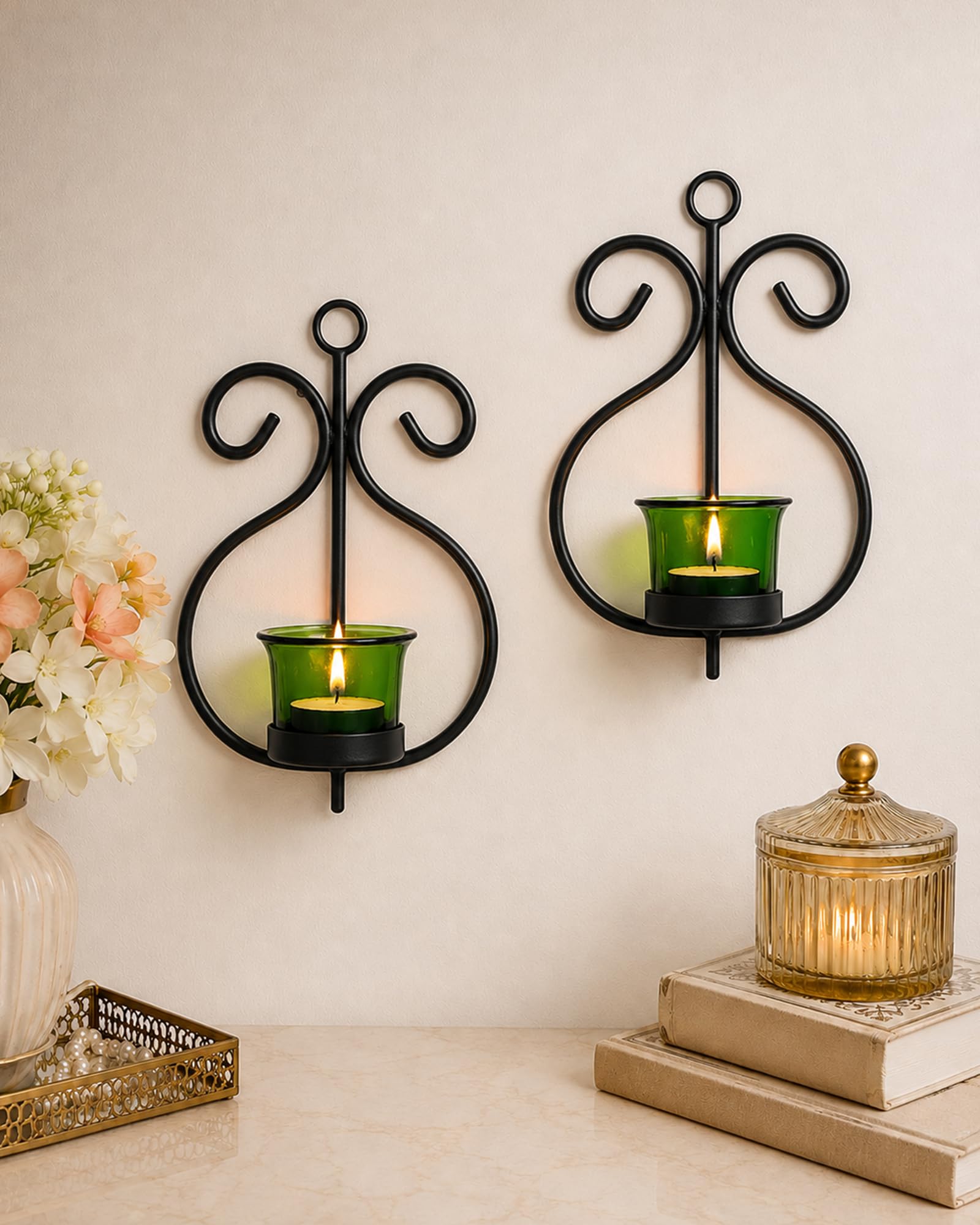 Homesake® Wall Candle Sconce Set of 2 Wrought Iron Candle Holder Hanging Wall Mounted Candle Sconces for Living Room Home Decor, Black with Glass and Free T-Light Candles (Green 2 PCS)-image-24