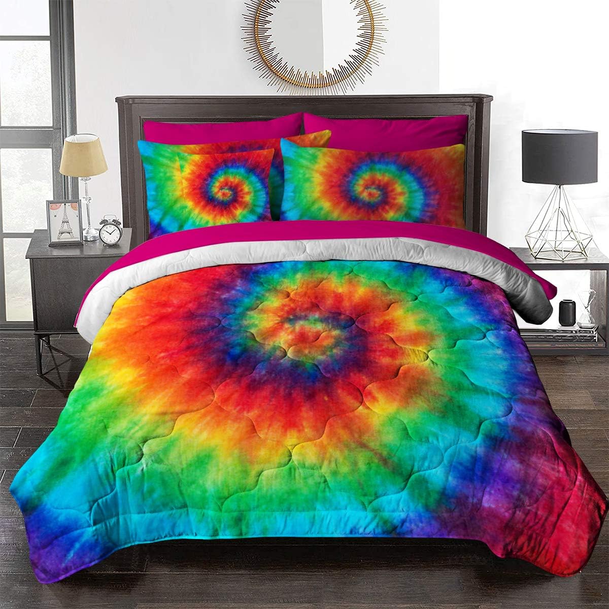 BlessLiving 8 Piece Boho Bed in A Bag Twin Size Complete Set - Rainbow Tie Dye Comforter Set with Sheets - 1 Comforter, 2 Pillow Shams, 1 Flat Sheet, 1 Fitted Sheet, 1 Cushion Cover, 2 Pillowcases
