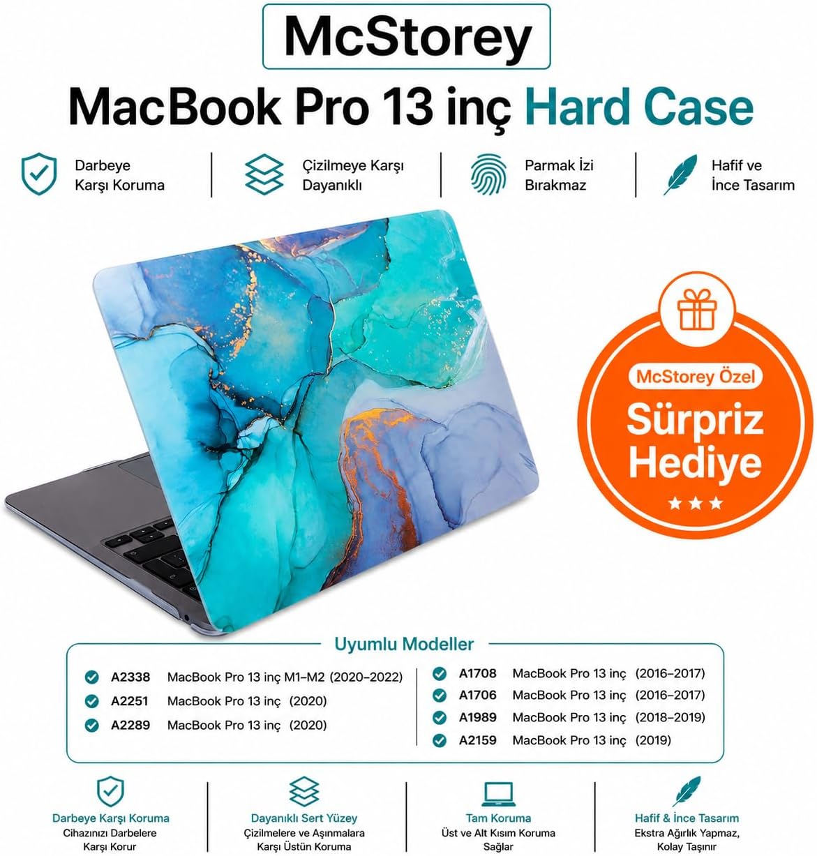 McStorey MacBook Pro 13 İnç M1 M2 Kılıf A2338 Uyumlu | Premium Mermer Desenli Hard Case Sert Koruyucu Kapak | A1706 A1708 A1989 A2159 A2251 A2289 Laptop Kılıfı Açık Yeşil