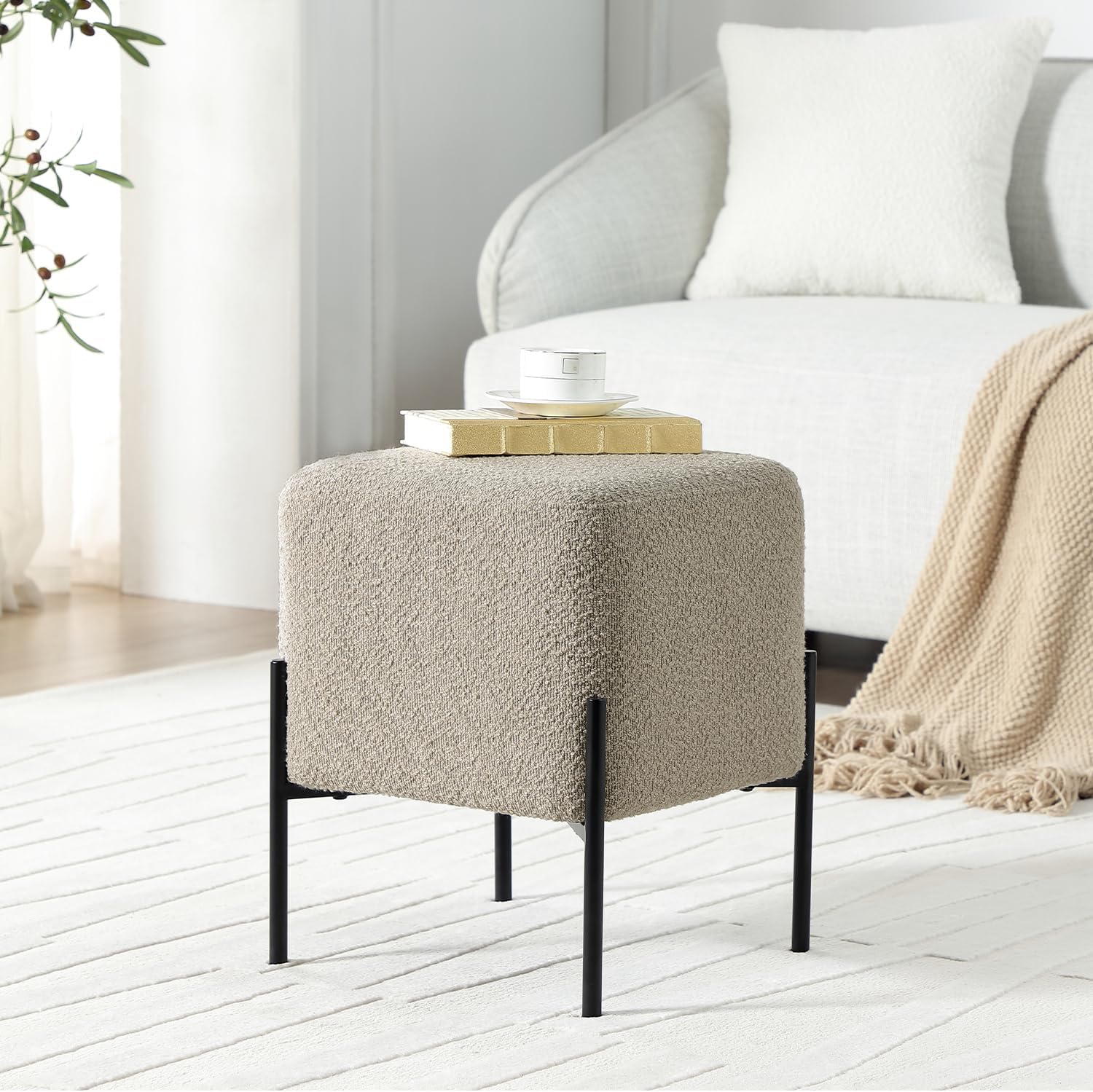 Get Set Modern Boucle Ottoman Stool Vanity Stool Foot Rest Stool, Square Small Vanity Chair for Makeup Room, Footrest Stool with Metal Legs, Side Table Ottoman for Living Room, Bedroom, Walk-in Closet