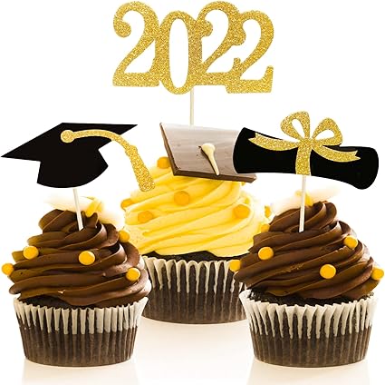 amazon com 48 pcs graduation cupcake toppers 2022 graduation decoration glitter class of 2022 food appetizer picks graduation theme party supplies gold mini cake toppers decorations grad cap set grocery gourmet food