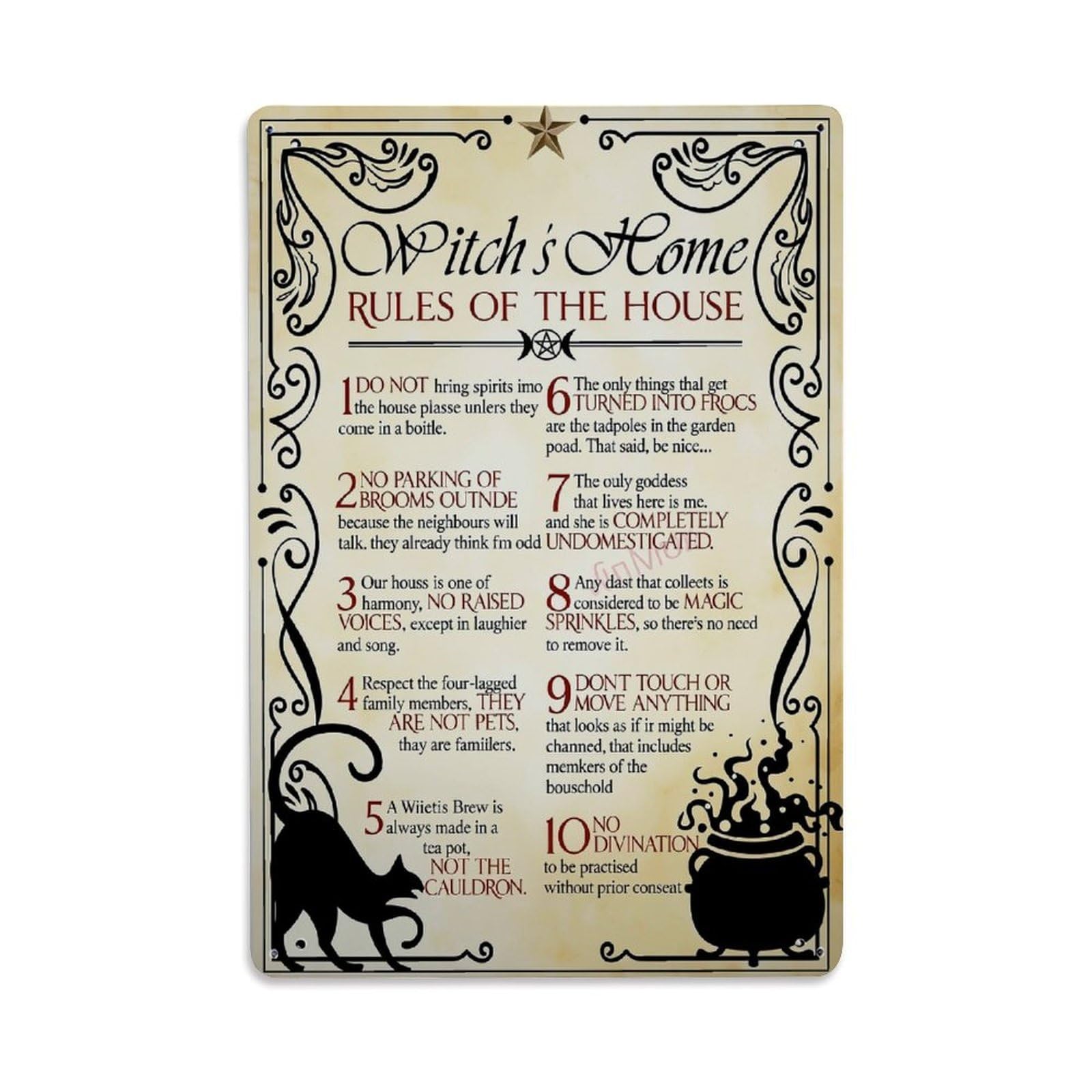 Witch Home Rules Poster Retro Metal Tin Sign, Vintage Metal Poster for home, Gaming Room, Studio Workshop,Bar,Garage Wall Art Decor 8x12 Inch