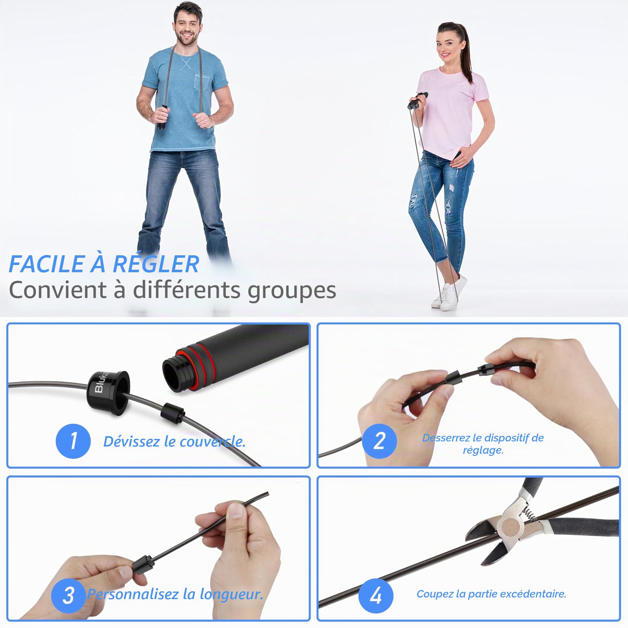 Blukar Corde à Sauter, Speed Jump Rope Réglable pour Hommes & Femmes, Roulements à Billes en Acier, Poignées Antidérapantes en Mousse, Câble en Acier pour Fitness, Crossfit, Sport, Boxe, GYM -3M