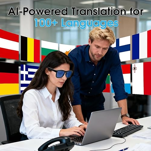 Miniatura 4 de Ai Translation - Lentes inteligentes con Chat GPT Bluetooth para hombres y mujeres con 140 idiomas (montura negra, lente azul) Marco negro lente