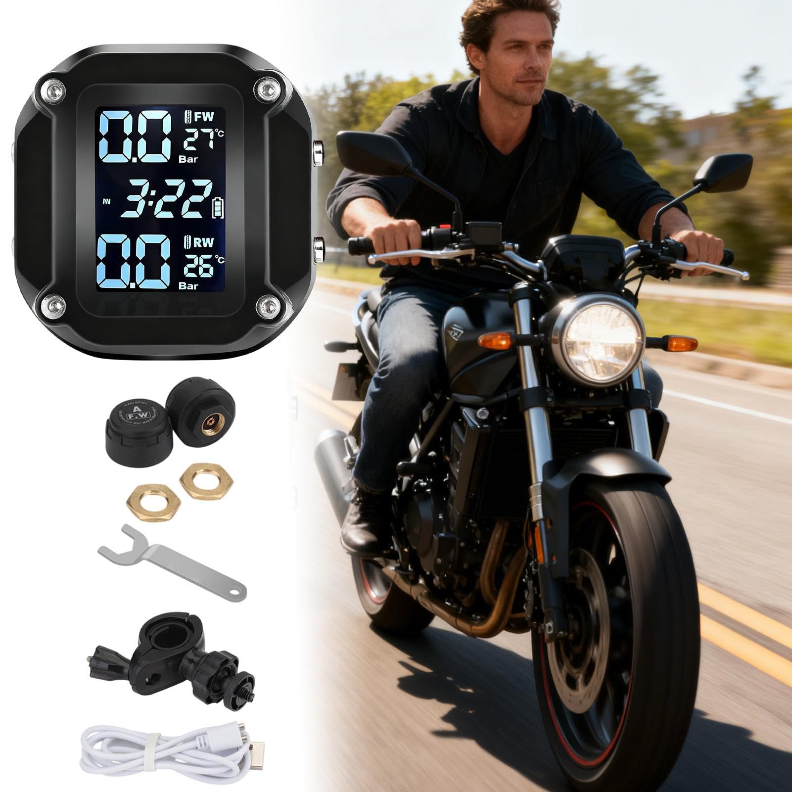 Sistema di monitoraggio della pressione degli pneumatici per moto, display LCD, allarme impermeabile con sensore esterno, per sicurezza stradale, moto, pendolarismo e escursioni