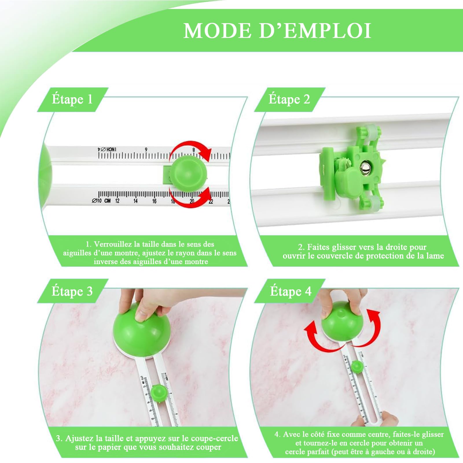 Cutter Circulaire Réglable 10-32 cm - Coupe-Cercle Rotatif avec Lames Remplaçables pour Loisirs Créatifs, Scrapbooking, Cartes 3D, DIY (Vert)