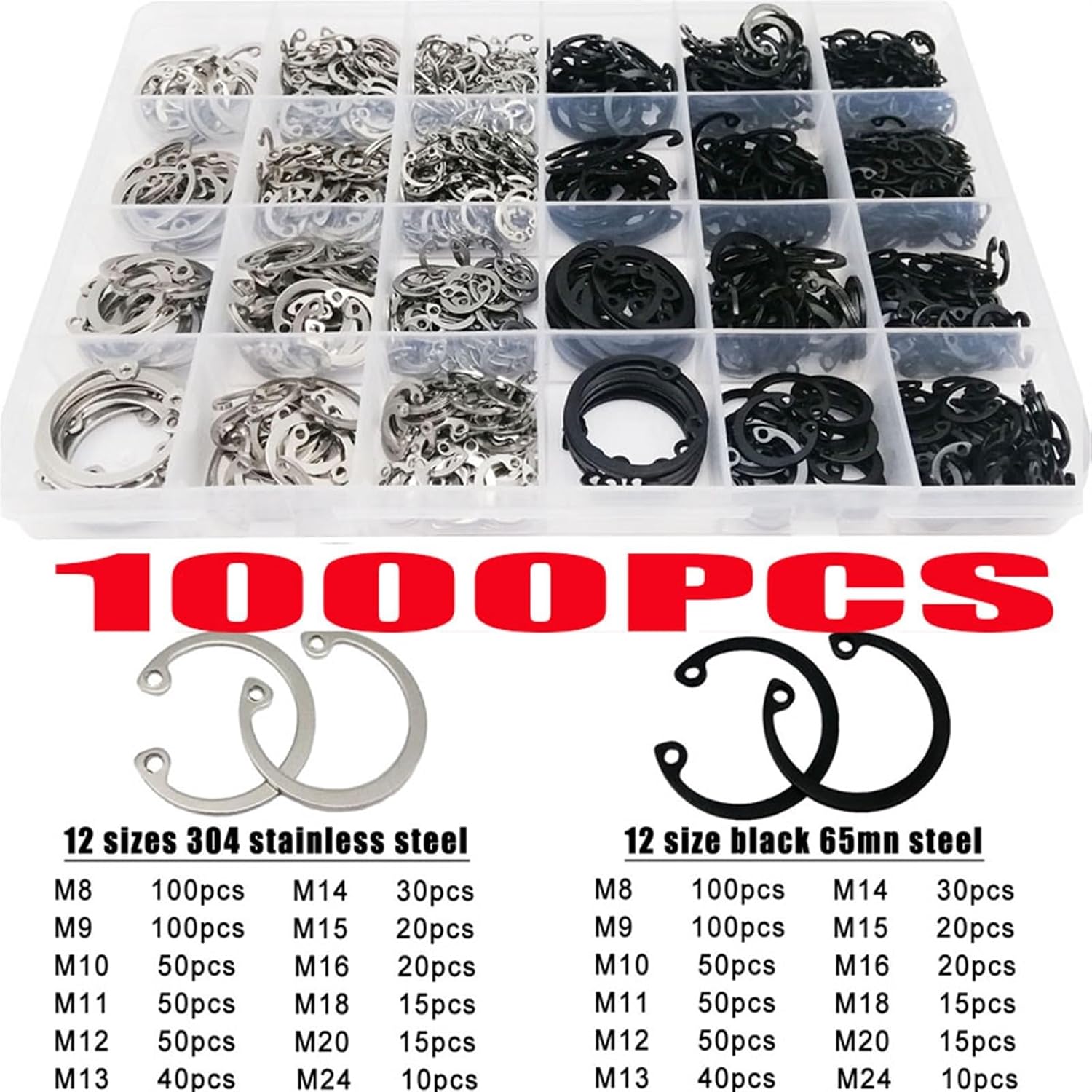 1000/535/250pcs M8-M24 304 Stainless Steel Black Steel C Type Internal Circlip Retaining Clip Snap Ring for Hole Assortment Set(1000PCS)
